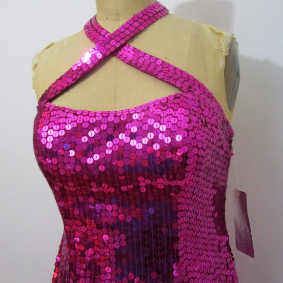 Fuchsia Pink Sequin Evening Halter Dress Shimmering Prom - Picture 2 of 9